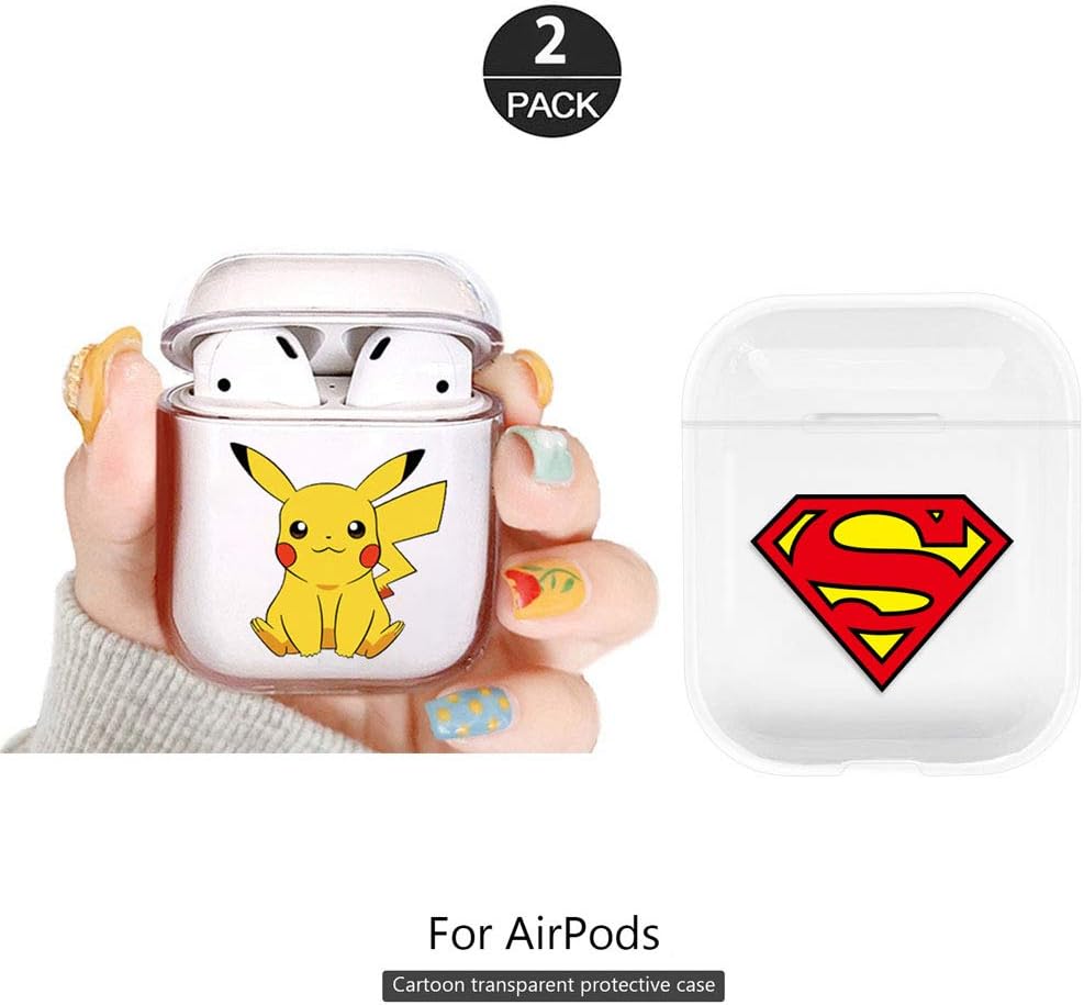 ZOEAST(TM) 2 Pack AirPods Case 1&2nd gen,All Transparent Light Clear Cartoon Portable Protective Cover Case [Front LED Visible] Compatible with Apple AirPods Earphone Charging (2pcs Picachu Superman)