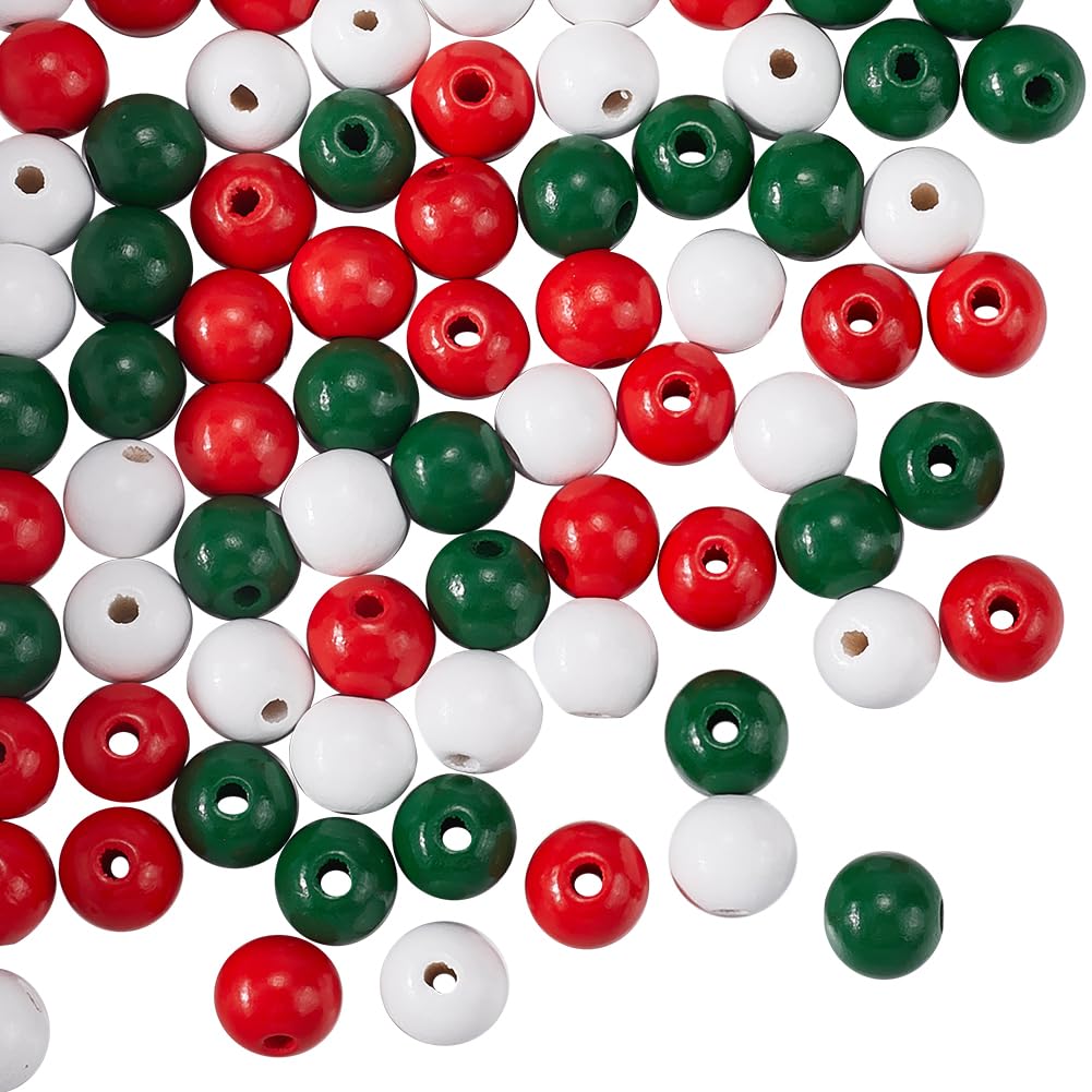 SOFPLATE 125Pcs Christmas Wood Beads Green Red White Round Wooden Beads Santa Craft Garland Bead Ornaments for jewellery Making Bead Assortments DIY Necklace Bracelets Crafts Party Home Supplies Decor
