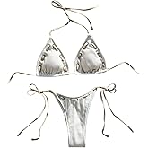 MakeMeChic Women's Bikini Set Halter Tie Back Triangle String Thong Bathing Suit Swimsuits