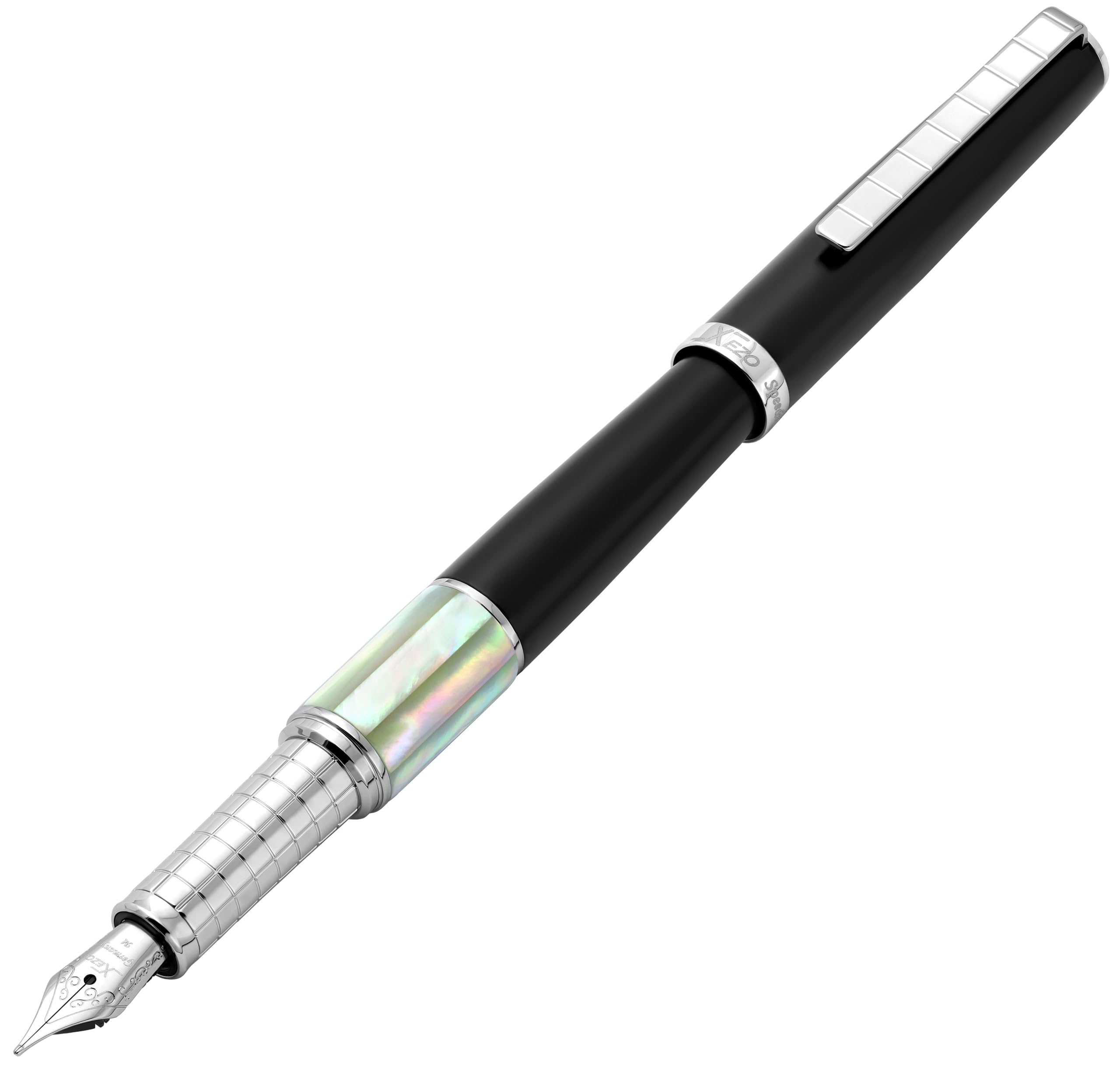 Xezo Speed Master Fountain Pen, Medium Nib, Matte Black with White Mother of Pearl. Chrome Plated. Lightweight Brass Body. No Two Alike