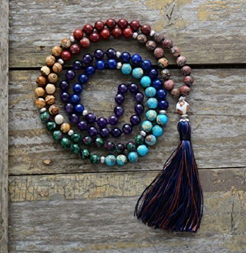 7 Chakra Mala Beaded Necklace in Natural Stones - Long Tassel Mala Necklace for Meditation - Knotted Bead Yoga Jewelry | Bohemian Jewelry
