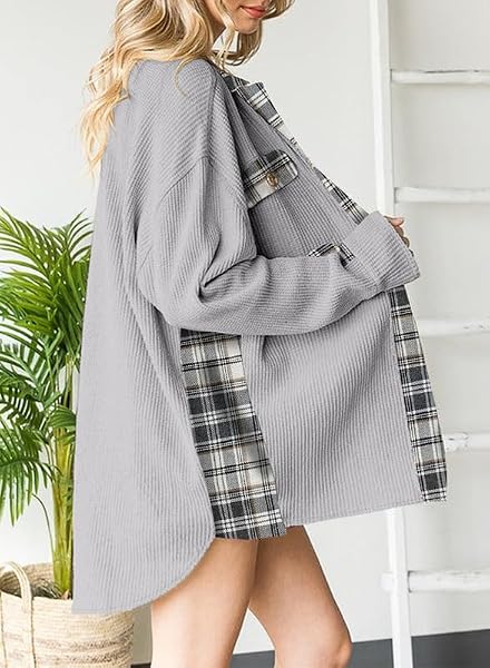 SHEWIN WOMENS WAFFLE KNIT SHACKET BUTTON-DOWN SHIRT JACKET PLAID SHIRT BLOUSES LOOSE LONG SLEEVE TOPS 2024 FALL FASHION OUTFITS LIGHT GREY M
