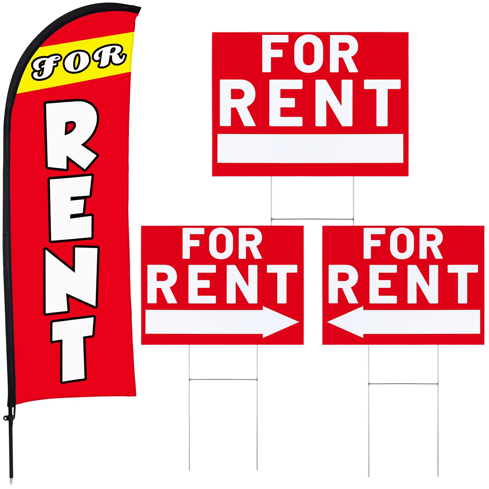 Photo 1 of Buryeah For Rent Sign Sets 1 Pack for Rent Feather Flag Banner 3 Pack Double Sided Directional Arrows Yard Signs with Metal Stakes for Homes, Estate, Apartments, Businesses, Directional (Red)
