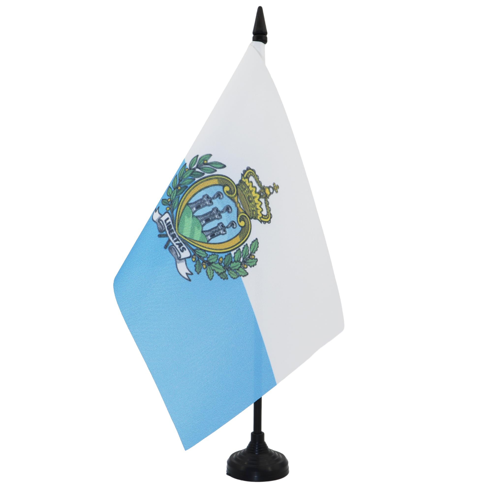 AZ FLAG San Marino Table Flag 5'' x 8'' - Sammarinese Office Decoration 100% Polyester 21 x 14 cm - Mini Desk Flag with Pole and Black Plastic Base