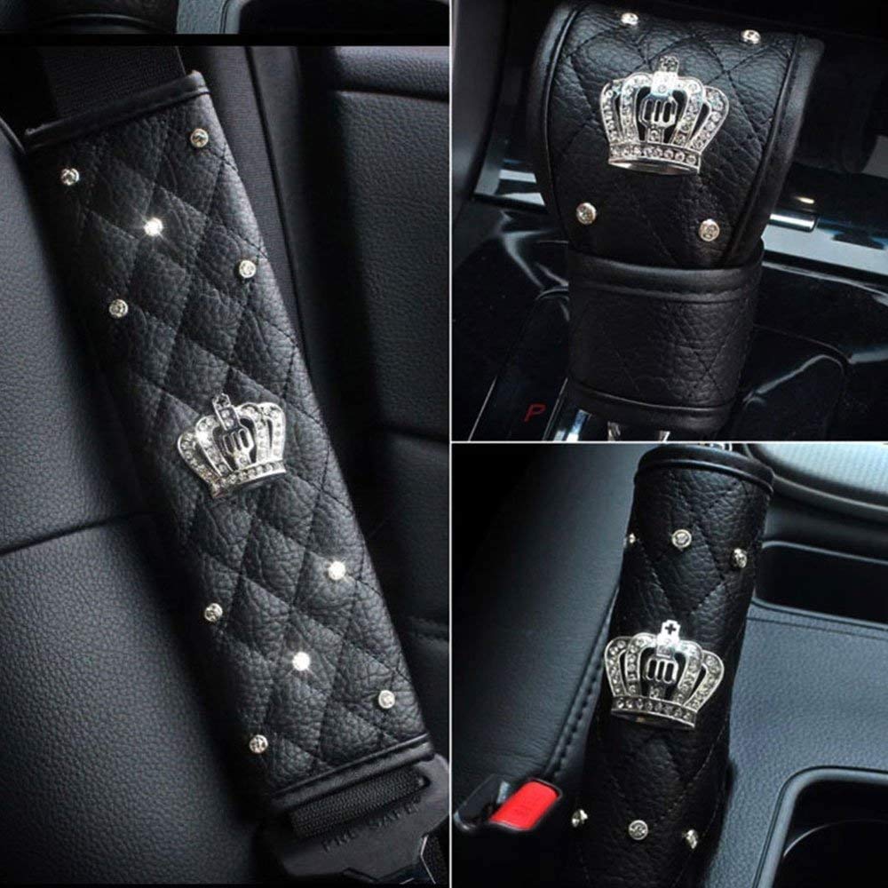 NewL Car Accessories Set: Leather Seat Belt Cover, Rhinestone Shoulder Pad, Crown Crystal Diamond Auto HandBrake Gear Covers, Universal Fit All Car