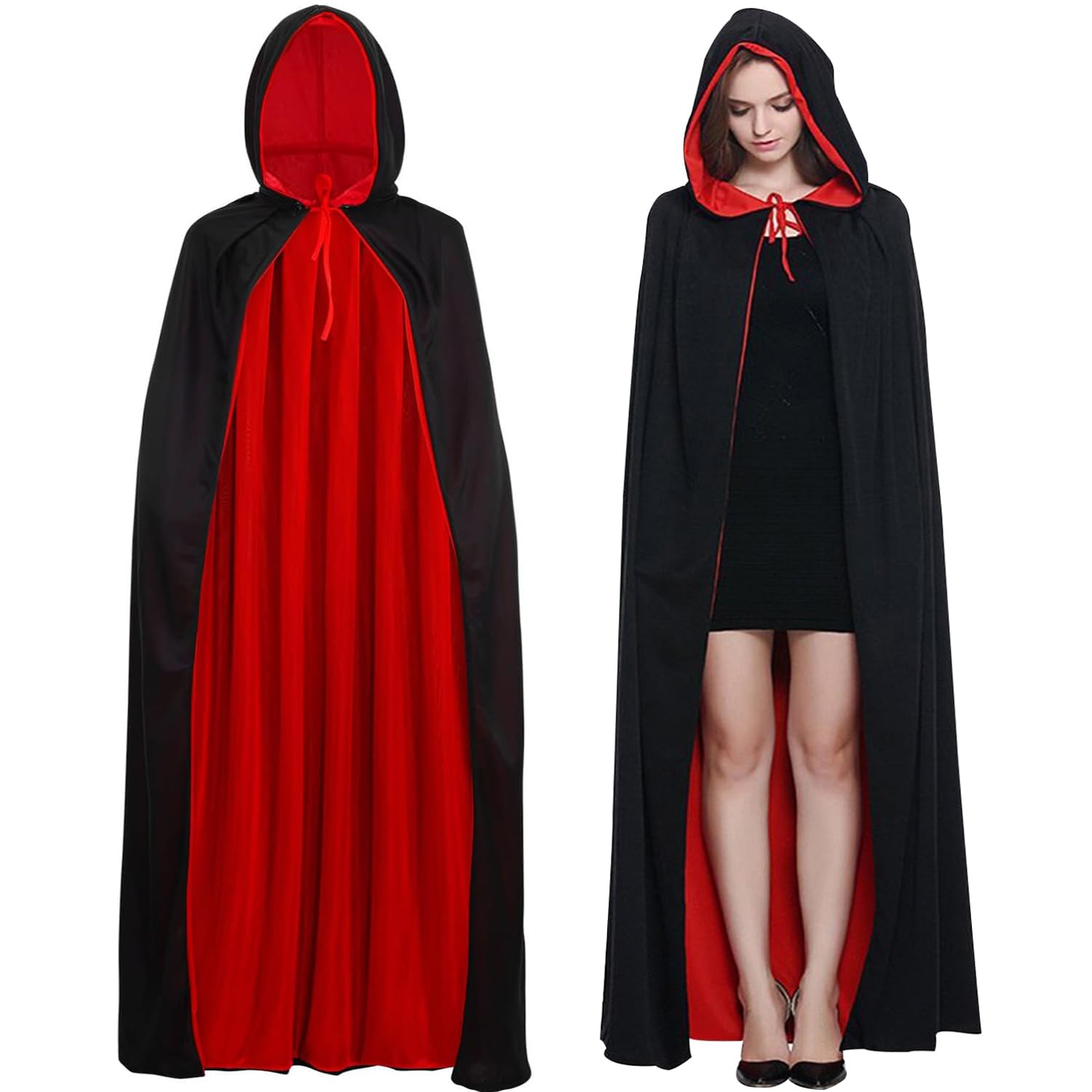 FUNAUPGO Halloween Vampire Cloak Cape, Unisex Reversible Black and Red Cape with Hood Halloween Party Fancy Dress Outfit for Adults Youth Men Women, Masquerade Party Cosplay Costumes
