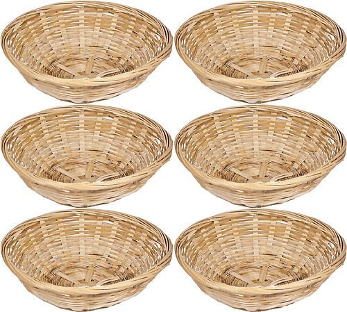 Set Of 6 Vintage Round Natural Bamboo Wicker Bread Basket Storage Hamper Trays