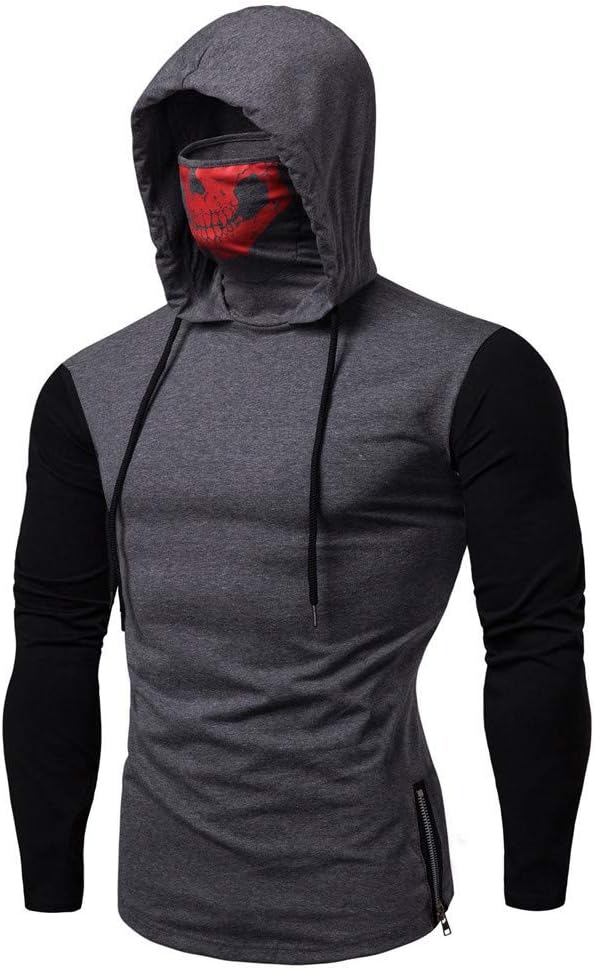ZEFOTIM Mens Mask Skull Pure Color Pullover Long Sleeve Hooded Sweatshirt Tops Blouse