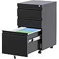 METAN Metal 3 Drawer Mobile File Cabinet with Lock, Under Desk Metal Filing Cabinet for Legal/Letter File, Fully Assembled, Black