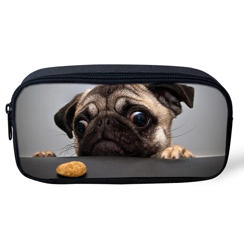 Biyejit Pencil Pouch Cute Pug Dog Print Student Kids School Pen Case Stationery Bag Zip Portable Travel Cosmetic Bag