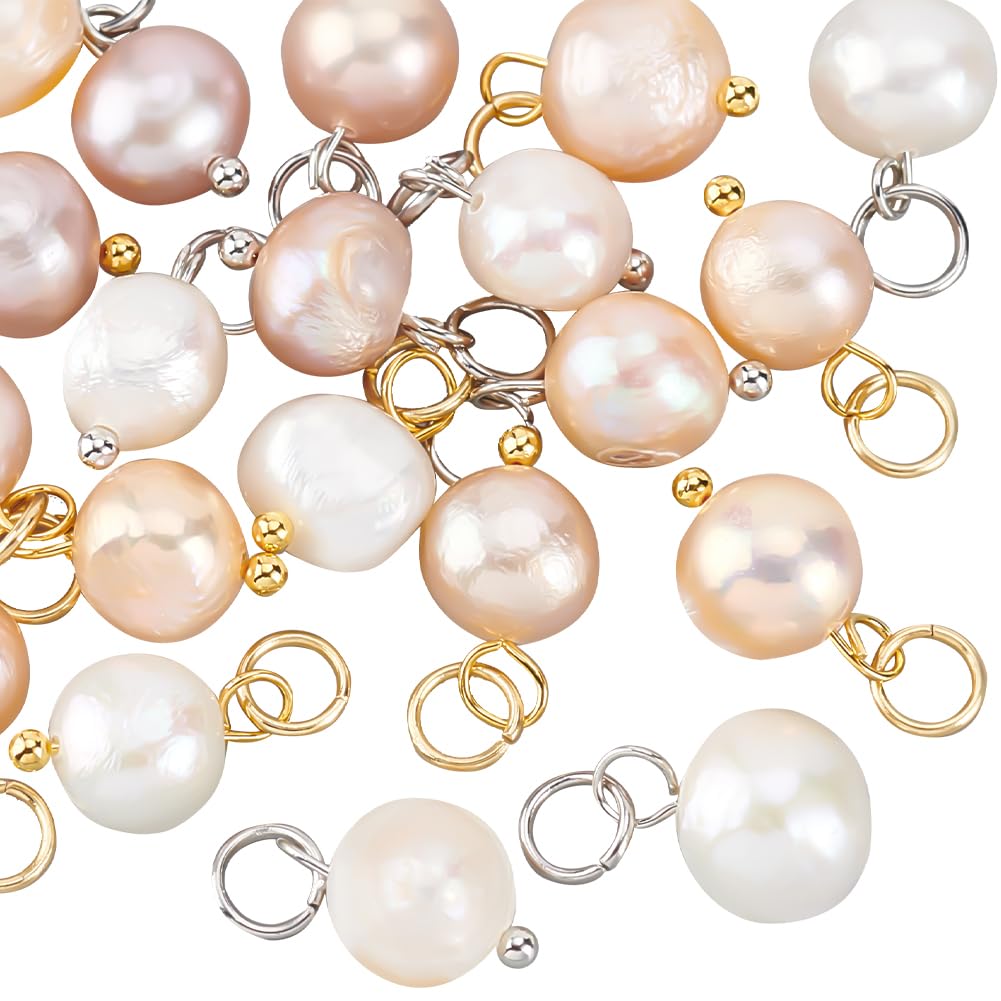 PH PandaHall 20pcs Natural Pearl Pendant Charms, Pearl Bead Pendant 6~9mm, Stainless Steel Color Loop, DIY Dangle Earring Necklace Bracelet Making