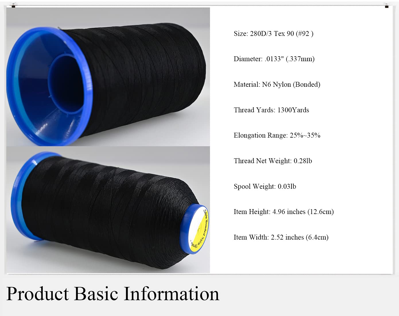 Selric [1300Yards / 26 Colors Available] Tex 90 Bonded Nylon Thread for Leather Sewing 280D/3 T90#92 Heavy Duty Upholstery Thread for Leather and Other Heavy Fabric（Black）