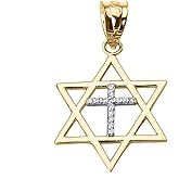 High Polish 10k Yellow Gold Jewish Charm Star Diamond Cross of David Pendant
