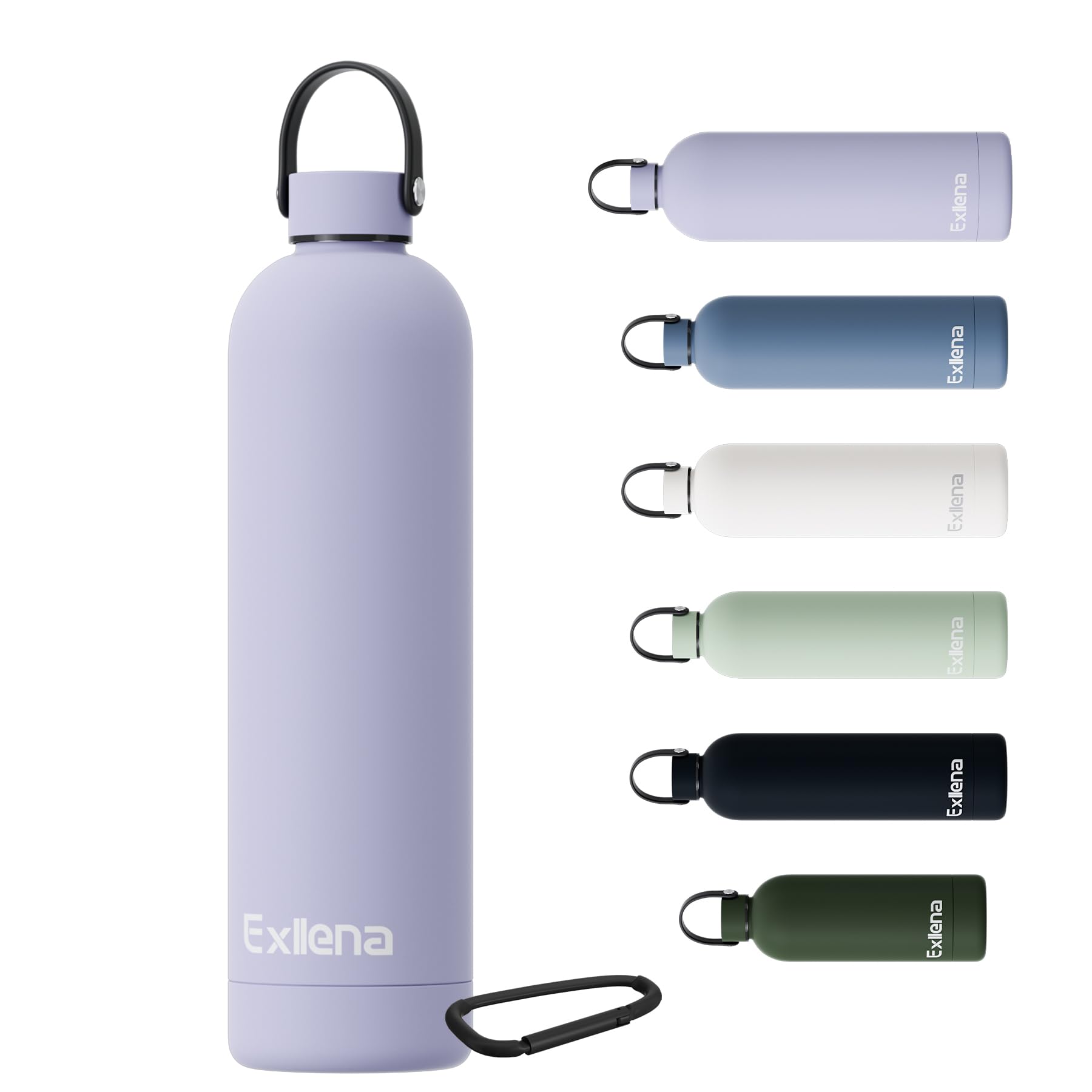 Exllena 1l Water Bottles Metal with Handle Lid and Carabiner, Double Wall Vacuum Drinks Bottle Keeps Drinks Cold 24 Hrs/Hot 12 Hrs, Stainless Steel Water Bottle BPA Free(Purple)