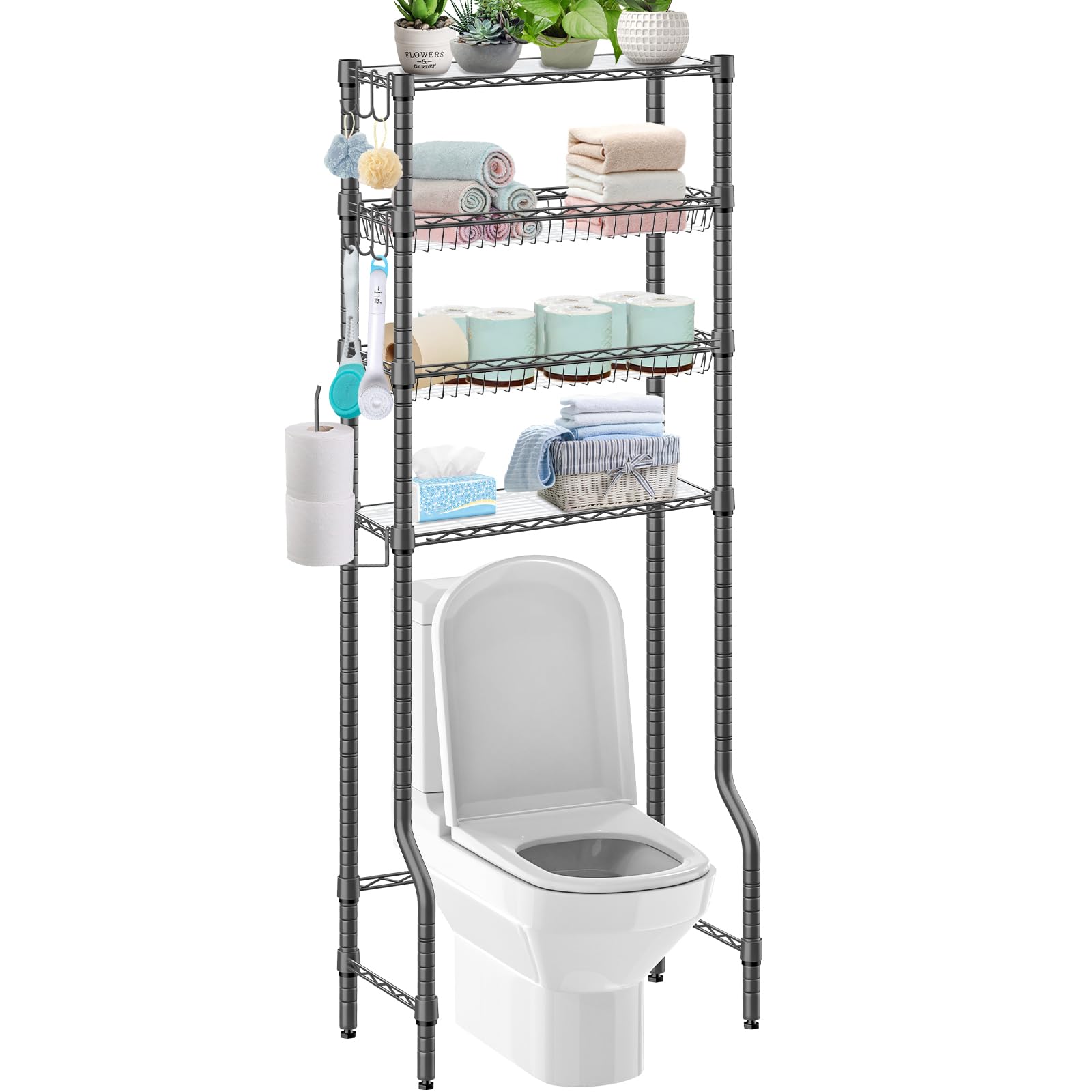 Photo 1 of Folews Over The Toilet Storage, 4-Tier Over Toilet Shelf Organizer Metal Storage Rack Freestanding Bathroom Space Saver with Adjustable Shelves and Baskets, Gray