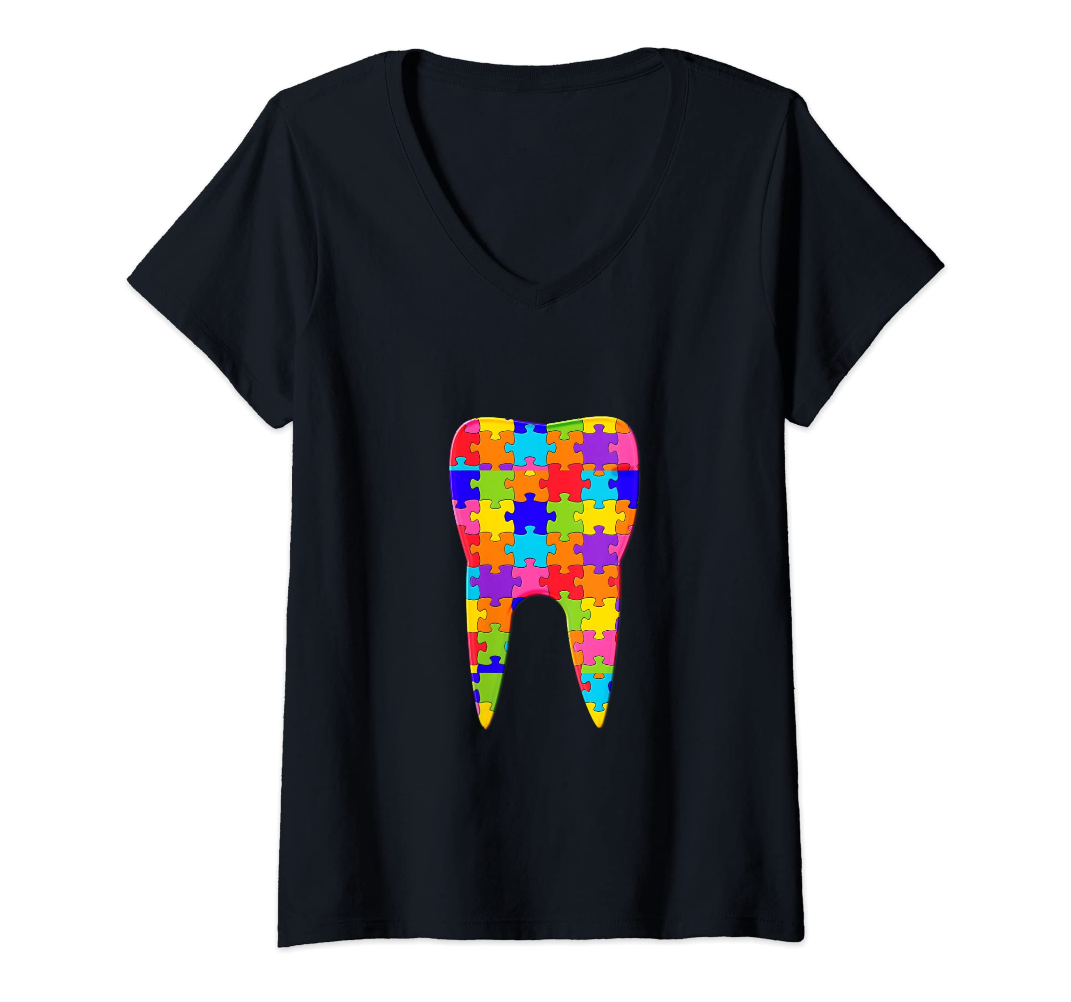 Womens Dentist Dental Tooth orthodontic doctor Jigsaw Autism Puzzle V-Neck T-Shirt