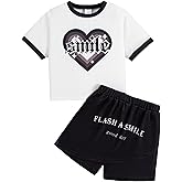 FRCLHWA Girl's 2 Piece Outfit Graphic Print Short Sleeve Tee Top and Track Shorts Set Summer Clothes