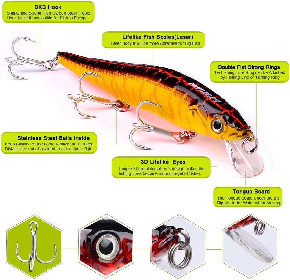 PROBEROS Minnow Bass Fishing Lures - Jerkbait Sinking Lure Set Hard Baits Crankbait for Trout Catfish Musky Bluegill Fishing Plug 6Pcs/kit : Sports & Outdoors