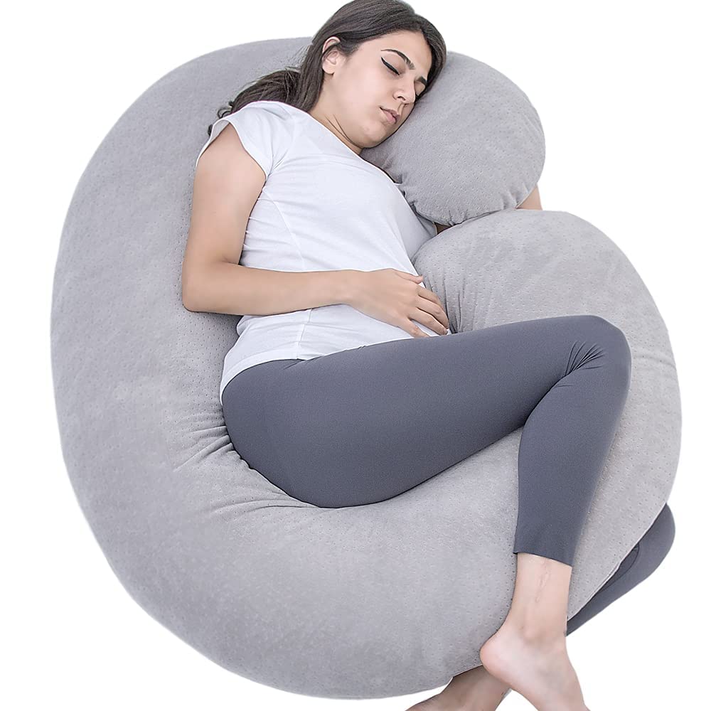 C型抱き枕 妊婦 人気 マタニティーだきまくら 授乳クッション 背もたれ ふわふわ包み込む 横向き寝 抱きまくら 大きい 妊娠プレゼント 取り外し可能なカバー付き（グレー）…商品画像