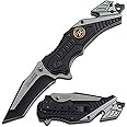 Tac-Force Folding Pocket Knife – Black/Satin Finish Blade, Black/Grey Aluminum Handle w/Sniper Medallion, Rope Cutter, Glass Punch, and Pocket Clip, Tactical, EDC, Rescue - TF-640SN