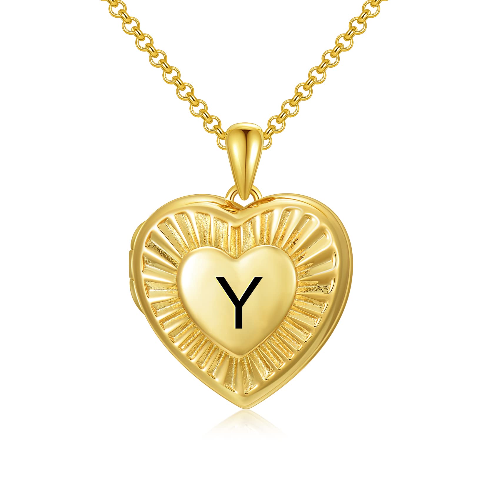 SOULMEET 18ct Gold Plated Silver Radiation Initial Heart Locket Necklace That Holds Pictures Photo Locket Necklace Alphabet Y (Locket only)