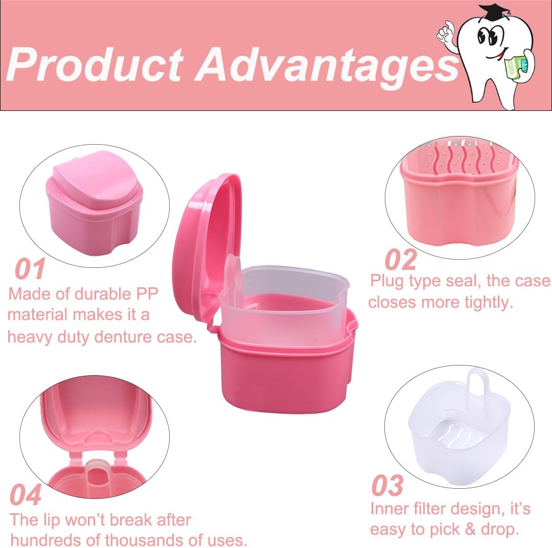 Bearals Denture Box, Denture Cup, Denture Case with Brush, Denture Bath Cleaning Soaking Cup with Strainer, Mouth Guard Night Gum Retainer Container (Pink): Health & Personal Care
