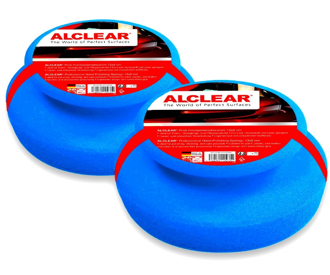 ALCLEAR 5713050M_2 Hand Polishing Sponge 2-Pack, Car Polishing Sponge for Paint Care & Sealant, Soft Pad for Applying Polish & Wax, Paint-Friendly, Washable & Reusable, Made in Germany