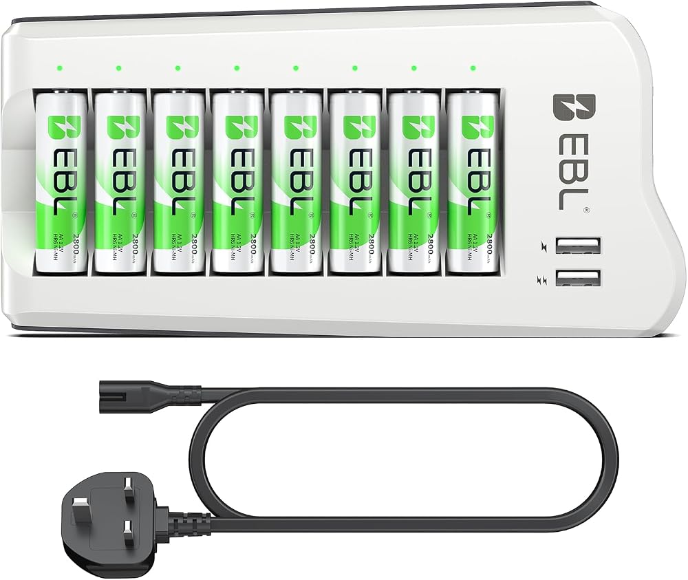 EBL 8 Bay Battery Charger with USB Ports 2800mAh AA Rechargeable Battery Set