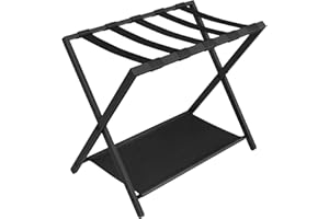 Hzuaneri Luggage Rack, Folding Suitcase Stand for Guest, Foldable, Luggage Holders with Shelf, Steel Frame with Nylon Straps for Bedroom, Hotel, Holds up to 154 lb, Black, 1 Pack LR03801B