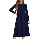 YOVION Girls Long Sleeve Dress Knit Patchwork A-Line Fall Winter Casual Midi Dresses with Pockets for 6-12 Y