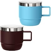 Cafezi 6 oz Espresso/Coffee Mug with Handle, Ceramic-Lined 18/8 Stainless Steel, Double-Wall Vacuum Insulated, Stackable, Dishwasher Safe, Fits Most Espresso Machines (Wine Red & Blue, 2 Pack)
