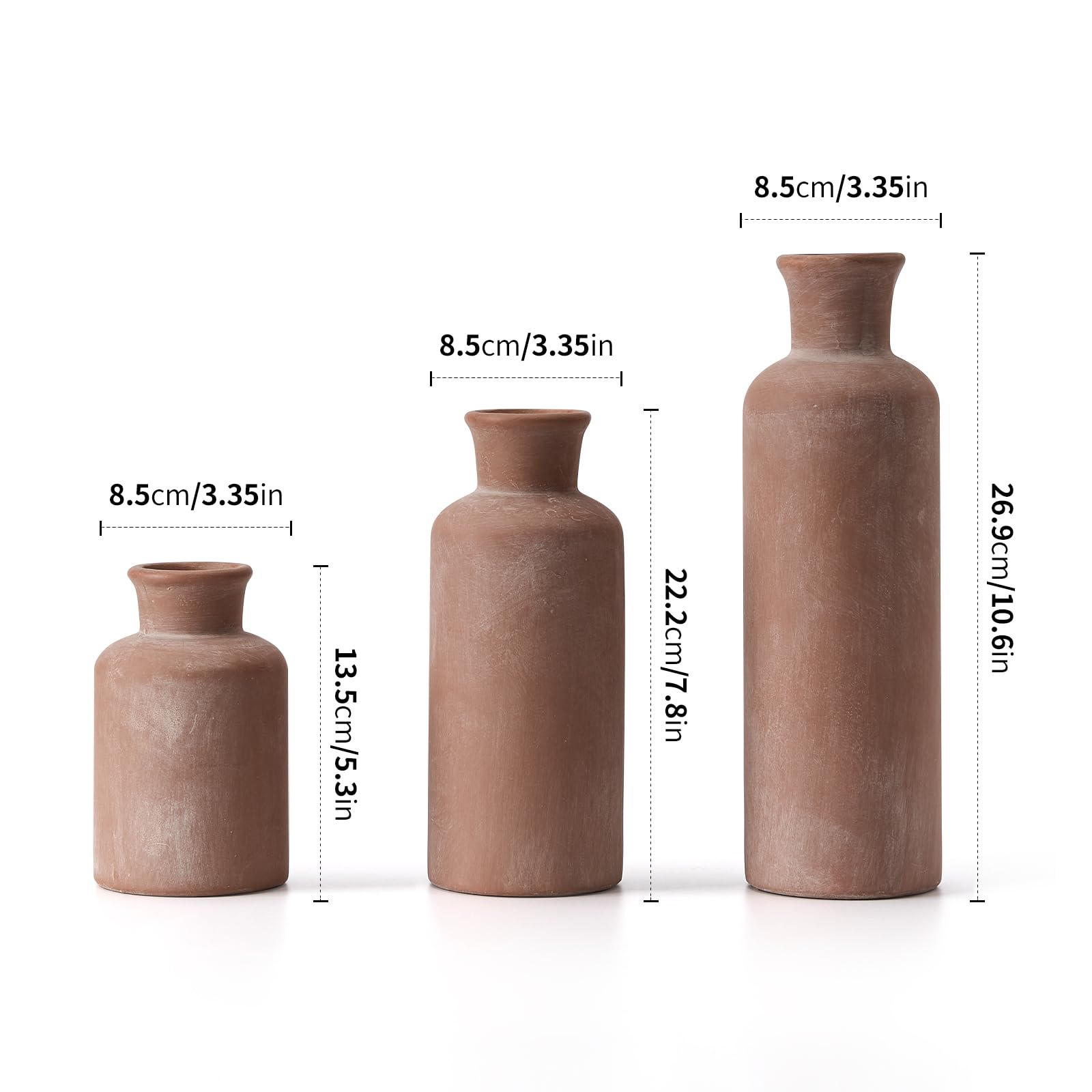 LUKA Ceramic Rustic Farmhouse Vase,Terracotta Vases for Decor,Vase Set of 3,Vase for Your Bedroom,Office,Living Room,Fireplace,Bookshelf Decor,Housewarming 10+7.5+5 Inch - Image 3