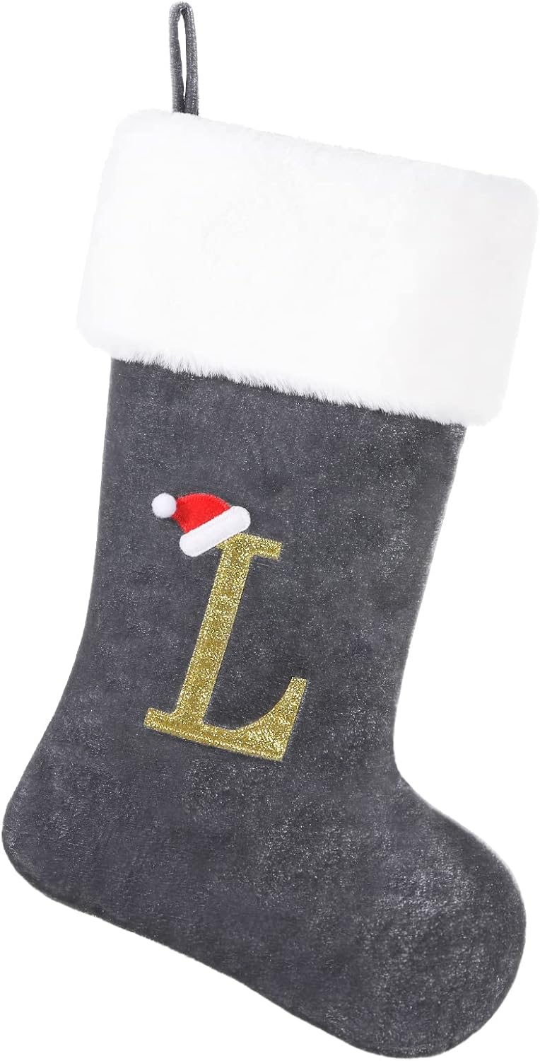 Stockings & Holders - SIRIPHUM20 Inches Monogram Christmas Stocking Deluxe Grey Velvet Body with Super Soft Plush Cuff Embroidered Letter(L)