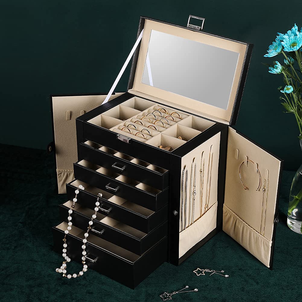 Frebeauty Frebeauty Large Jewelry Box,6-Tier PU Leather Jewelry Organizer,Multi-functional Storage Case with Mirror,Accessories Holder with 5 Drawers for Necklace Bracelets Watches(Black)