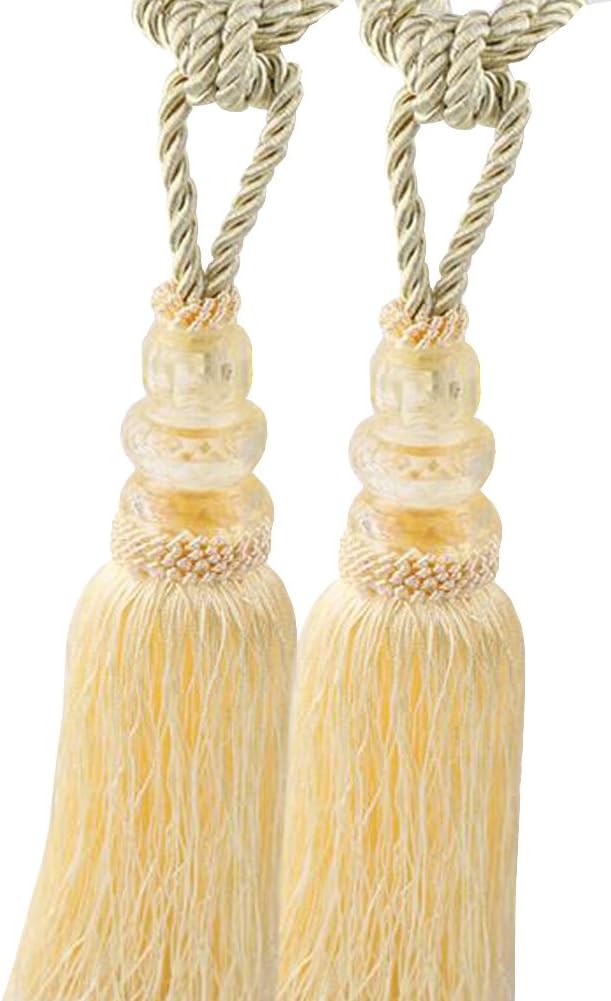 Chictie 2 Pack Curtain Tassel Tiebacks Crystal Beaded Fringe Ropes for Drapery Window Door Decorations (Cream yellow)