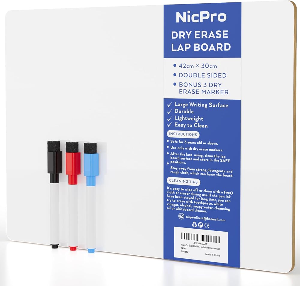 Nicpro Dry Erase Mini Whiteboard A3 30x42 cm Double Sided with 3 Pens