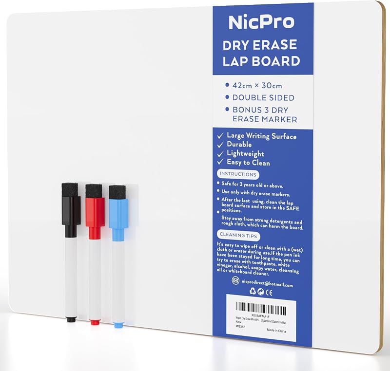 Nicpro Dry Erase Mini Whiteboard A3 30x42 cm Double Sided with 3 Pens