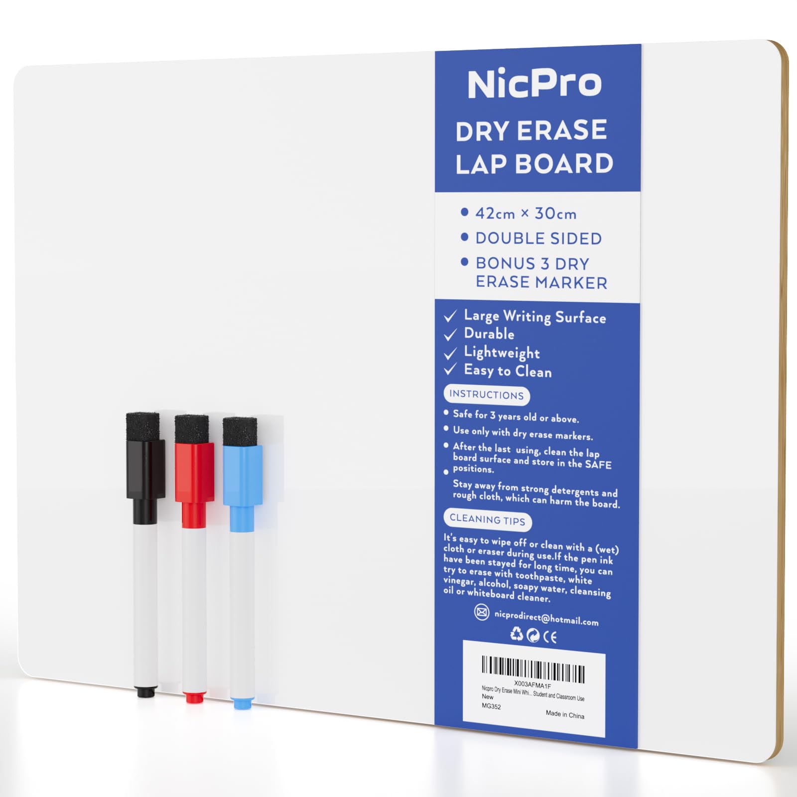 Nicpro Dry Erase Mini Whiteboard A3, 30 x 42 cm Double Sided Lapboard with 3 Water-Based Pens Learning Small White Board Portable Drawing Writing for Student and Classroom Use