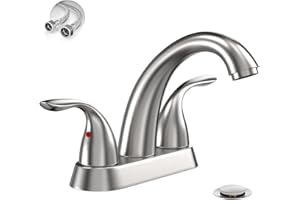 Phiestina Centerset 4 Inch Brushed Nickel 2 or 3 Holes Stainless Steel Bathroom Sink Faucet, 2 Handle Bathroom Faucet with Copper Pop Up Drain and Water Supply Lines, BF008-5-BN