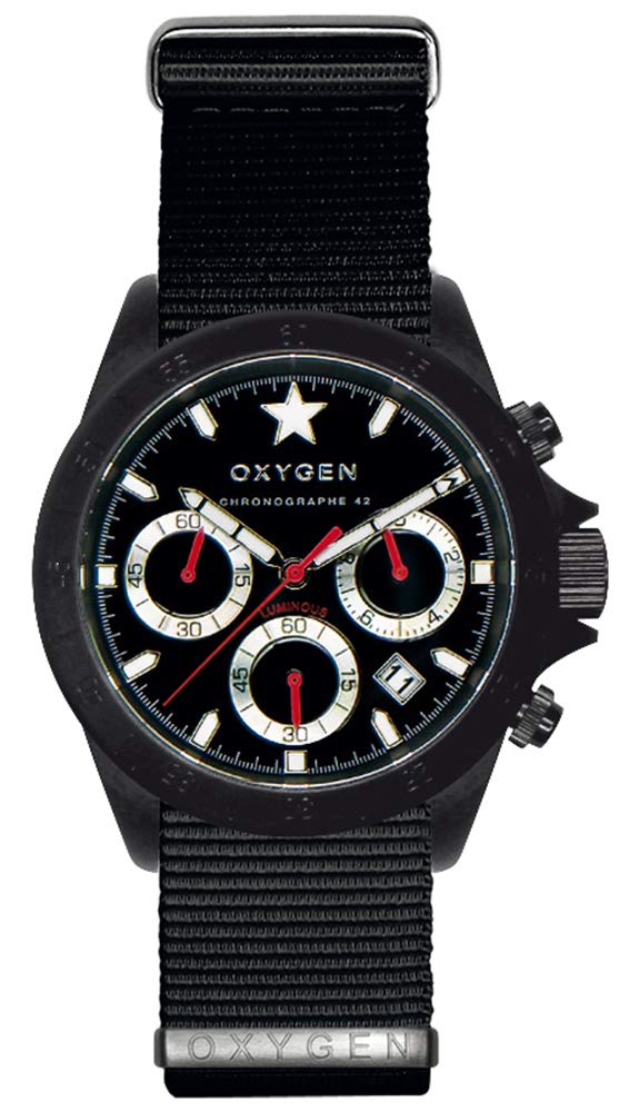 Oxygen Chrono Record 42 Black Mens Quartz Watch with Black Dial Chronograph Display and Black Nylon Strap EX-C-REC-42-NN-BL