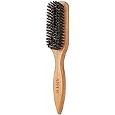 100% Boar Bristle Slick Back Hair Brush | Natural Peach Wood Handle | Restores Shine, Controls Frizz, Smooths Flyaways | Teasing Adds Volume Styling Tool | For Sleek Ponytails, Buns &amp; Beard Grooming
