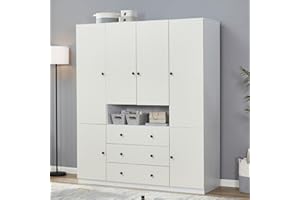 ClassyCabin Wooden Armoire Wardrobe Closet Cabinet, 4 Door 3 Drawers Large Storage Cabinet Bedroom Armoires for Large Capacity, Tall Cabinet Closet 5 Hanging Rod 63" L x 20.3" W x 72" H