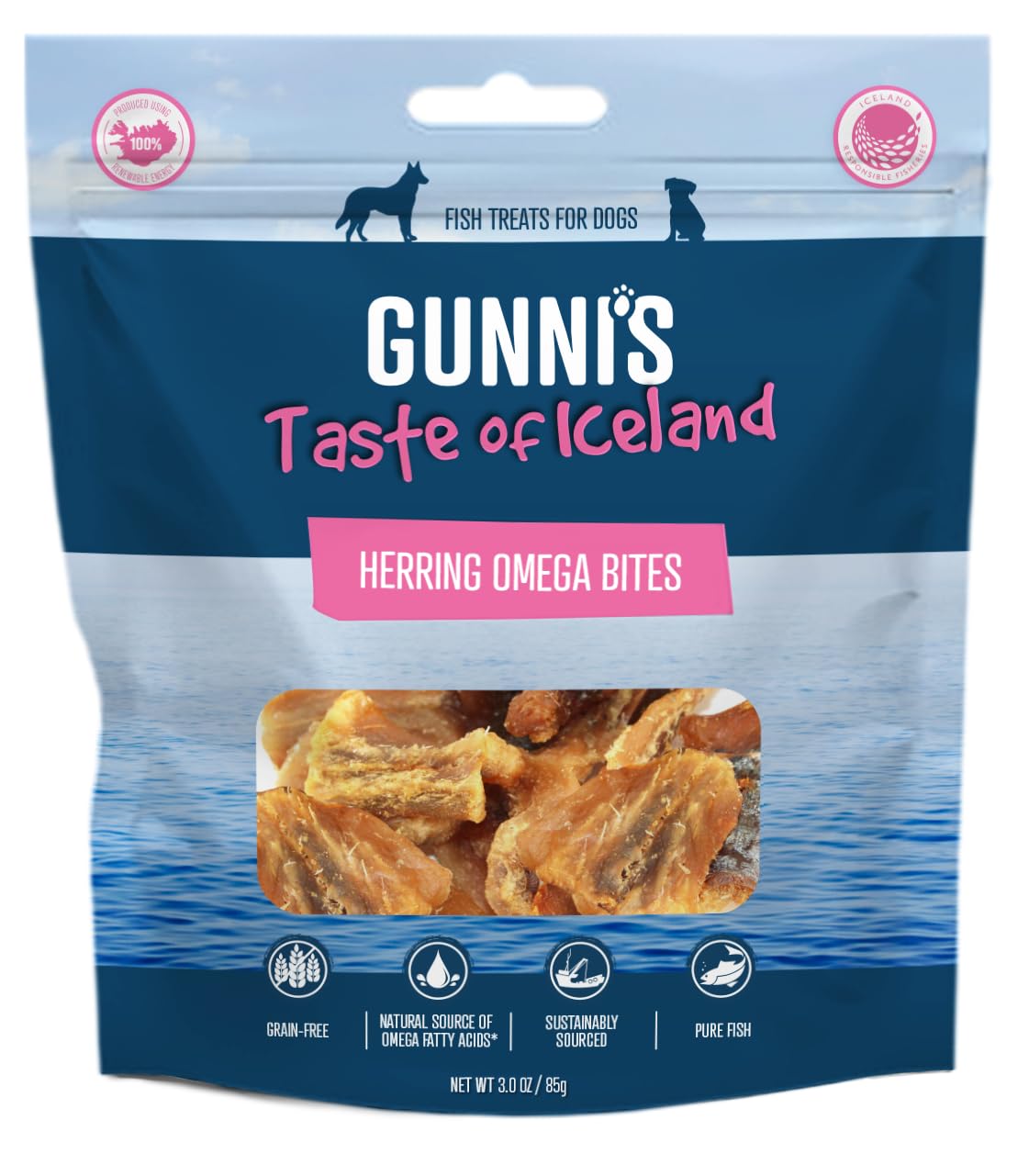 Gunni’s Herring Omega Bites | Pure Icelandic dried Herring fillet treats for dogs | Omega rich | Traceable | MSC Certified | Sustainable | 100% Natural | 85g