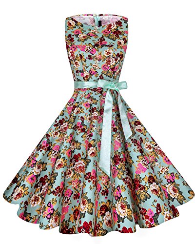 Retro 50s Vintage Floral Tea Swing Dresses for Spring Party With Ribbon - F28 Medium