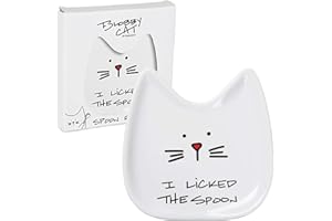 PAVILION GIFT COMPANY Pavilion Blobby Cat Spoon Rest - Ceramic Cat Spoon Holder with "I Licked the Spoon" Text Design - Cute Cat Themed Utensil Holder & Kitchen Accessories, Ideal for Cat Lovers - White, 5"