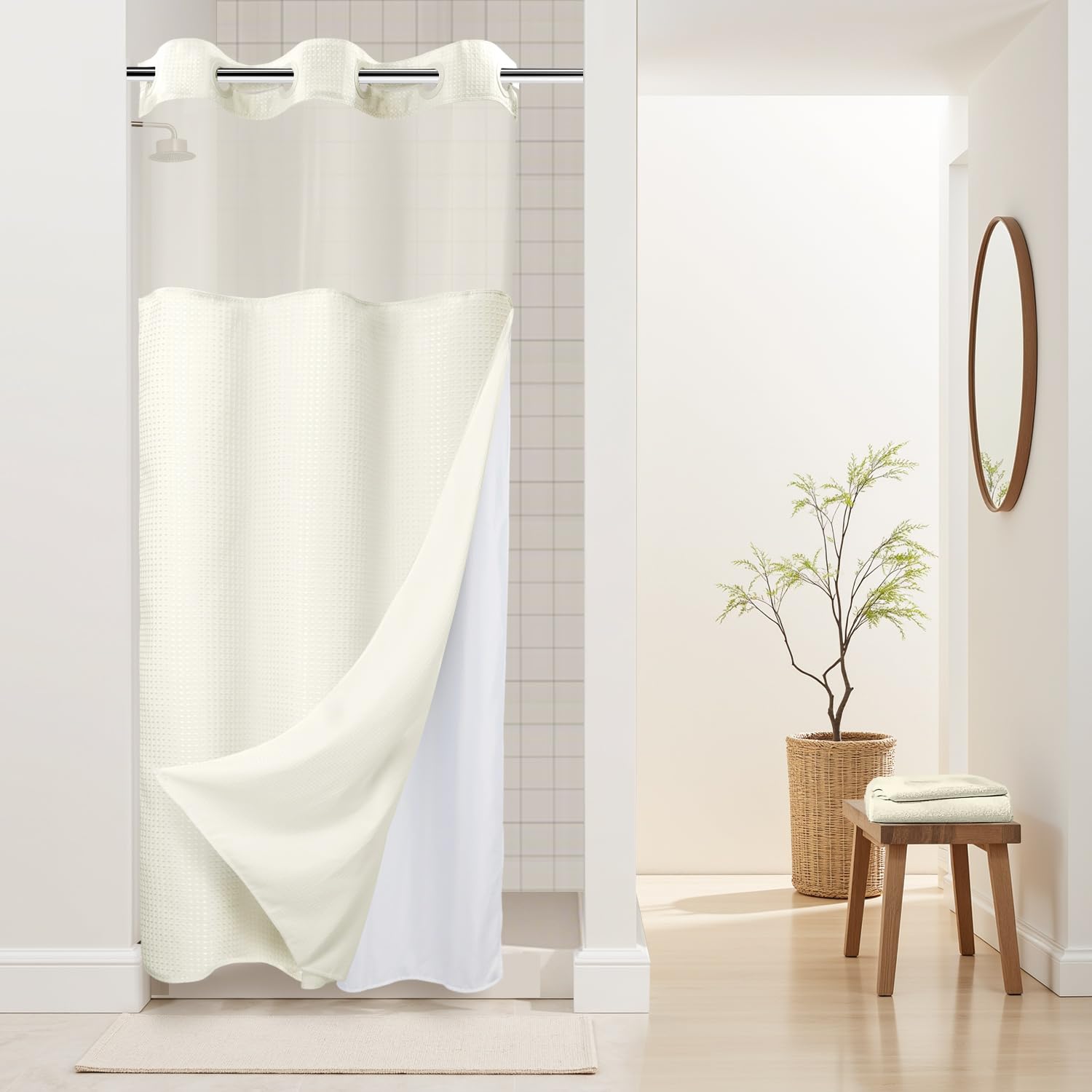 Photo 1 of ***(CREAM COLOR)***Stall Heavyweight No Hooks Required Dotted Waffle Weave Shower Curtain with Snap in Liner - 36W x 74H,Hotel Grade,Spa Like Bath Curtain,Graphite Cream