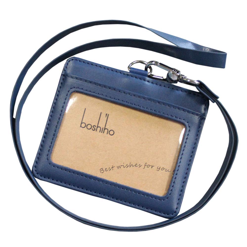 Boshiho Leather ID Card Badge Holder with Heavy Duty PU Leather Lanyard Neck Strap (H-Blue) — image 1