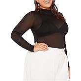 COZYEASE Women's Plus Size Sheer Mesh Tops Mock Neck Long Sleeve Tee Tops Trendy Slim Fit Clubwear