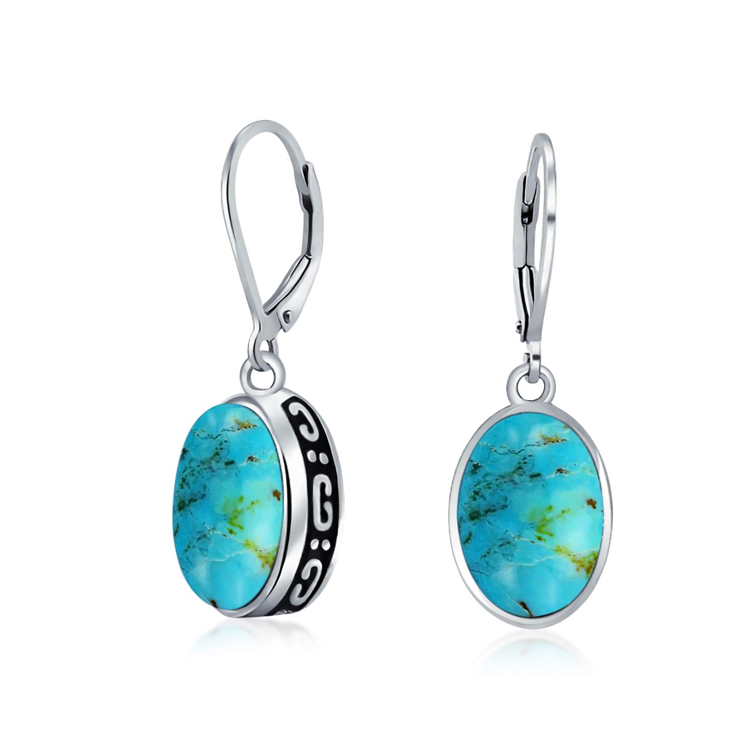 Western Style 3.2CT Stabilized Turquoise Dome Oval Bezel Set Lever Back Dangle Earrings For Women .925 Sterling Silver — image 1
