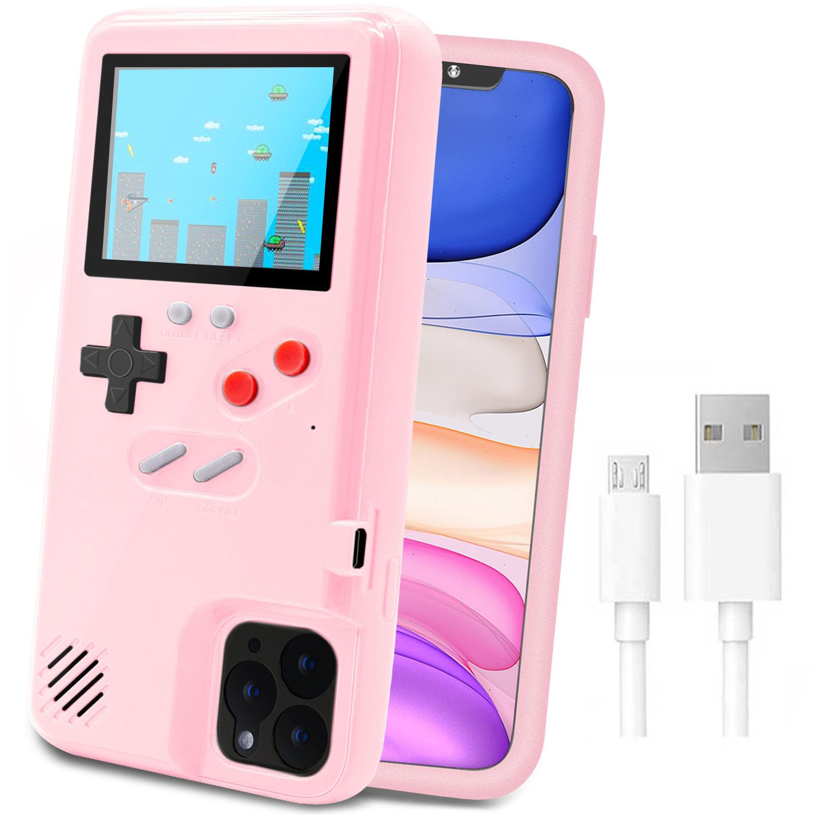 LucBuy Game Console Case for iPhone, Retro Protective Cover Self-powered Case with 36 Small Game,Full Color Display,Shockproof Video Game Case for iPhone 11 Pro - Pink